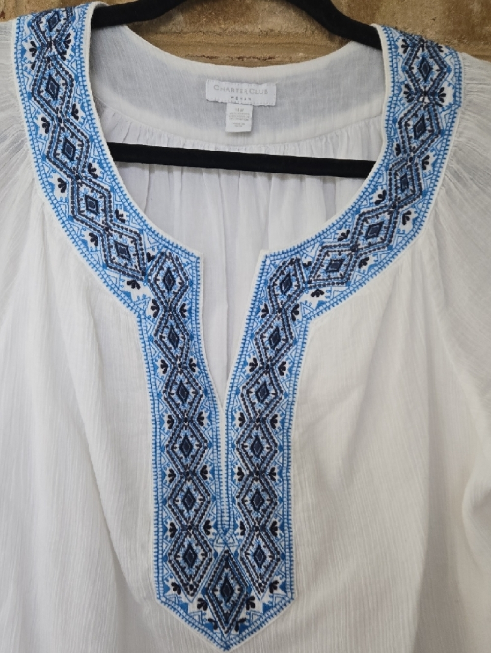Charter Club White Tunic with Blue Embroidered Yoke - Picture 4 of 8